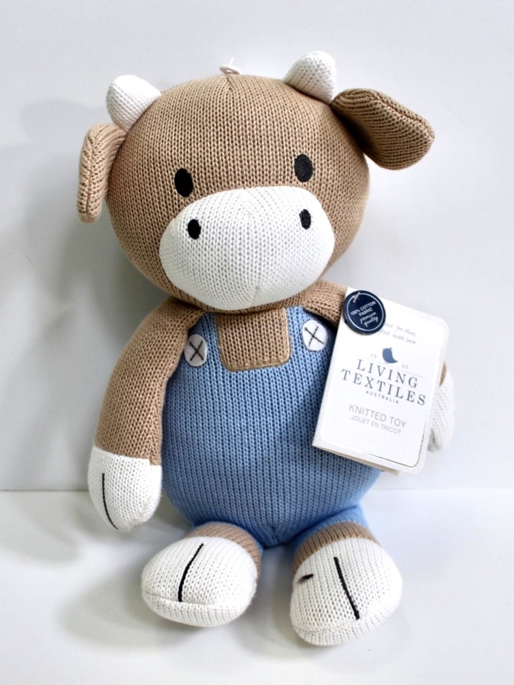 Living Textiles Australia Clover Cow Knitted Plush Toy Lovey Rattle Doll 14" NEW